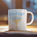 Love & Light Personalised Hanukkah Menorah Gift Coffee Mug<br><div class="desc">Cute customisable Love and Light Hanukkah mug for a Jewish family breakfast or a Chanukah party with a synagogue. Personalise this pretty gift with your own last name or group information in blue under the pretty gold menorah.</div>