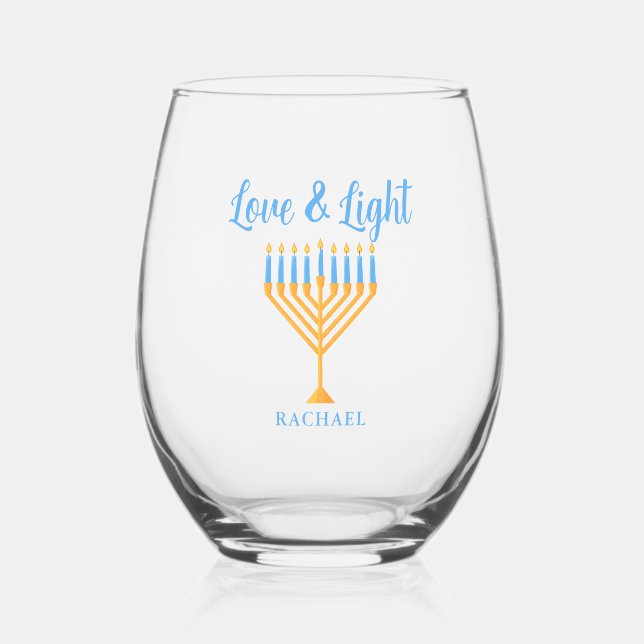 Love & Light Personalized Hanukkah Menorah Gift Stemless Wine Glass (Front)