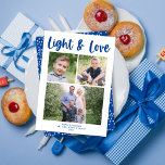 Love & Light Script Multi-Photo Hanukkah Card<br><div class="desc">This modern Hanukkah photo card features a simple white background with modern calligraphy script in festive blue. The greeting on the front says "Light & Love". It accommodates three photos (two square and one horizontal) and would work well in colour or black and white. On the back there is a...</div>