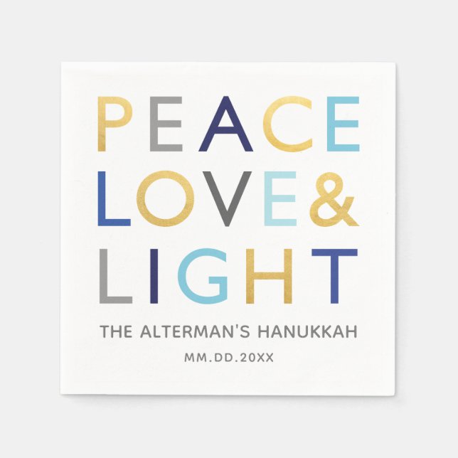 Love & Light Typography Hanukkah Holiday Gold Blue Napkin (Front)