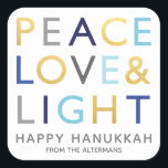 Love & Light Typography Hanukkah Holiday Gold Blue Square Sticker<br><div class="desc">Festive Hanukkah Holiday square sticker featuring a typography design of Hanukkah popular greetings in classic shades of Hanukkah colours of blue, grey and gold. Personalise with your custom text. This is a part of a holiday collection “LOVE & LIGHT TYPOGRAPHY”. Complimenting items are available. BACKGROUND COLOR can be changed with...</div>