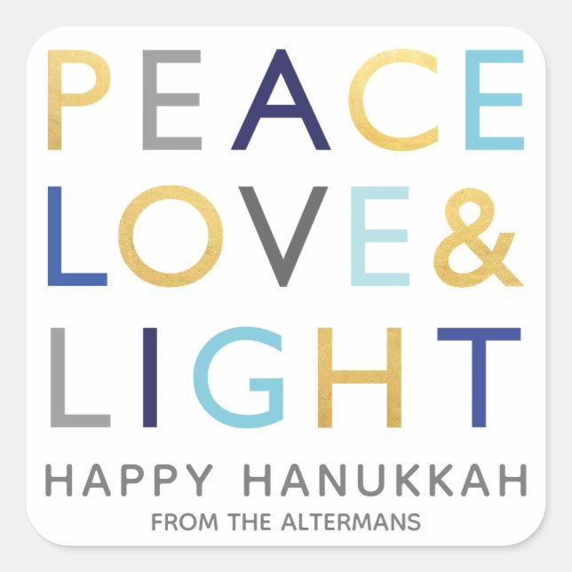 Love & Light Typography Hanukkah Holiday Gold Blue Square Sticker (Front)