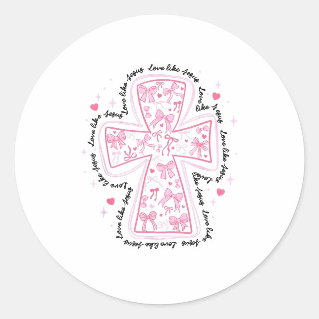 Love Like Jesus Coquette Heart Cross Christian Val Classic Round Sticker (Front)