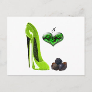 Love Lime Green Stiletto Shoe and Chocolates Art Postcard
