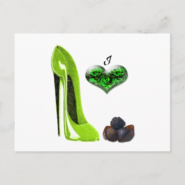 Love Lime Green Stiletto Shoe and Chocolates Art Postcard (Front)