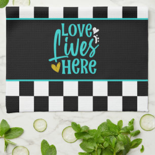 Love Lives Here Black and White Chequered Tea Towel