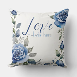 Love lives here - blue roses cushion