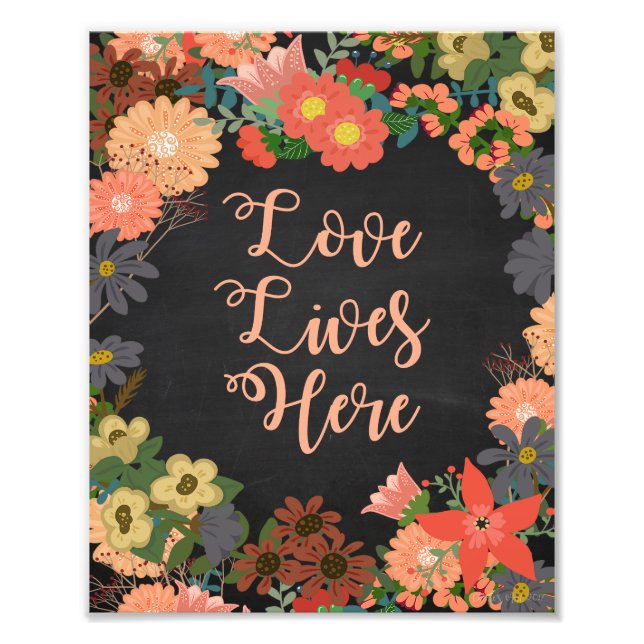 Love Lives Here Coral Flowers on Black Chalkboard Photo Print (Front)