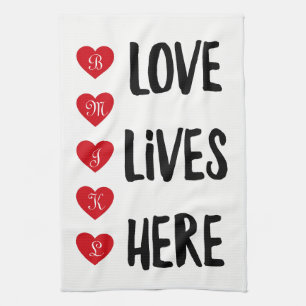 Love Lives Here Monogram White Tea Towel