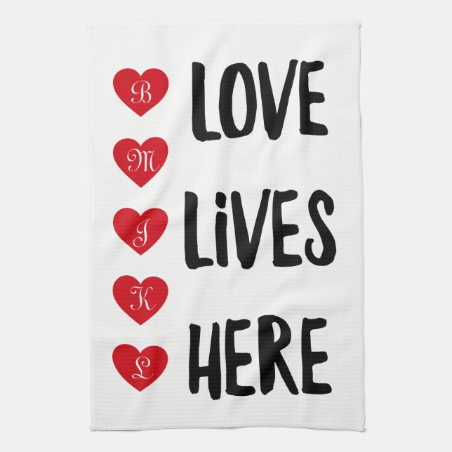 Love Lives Here Monogram White Tea Towel (Vertical)