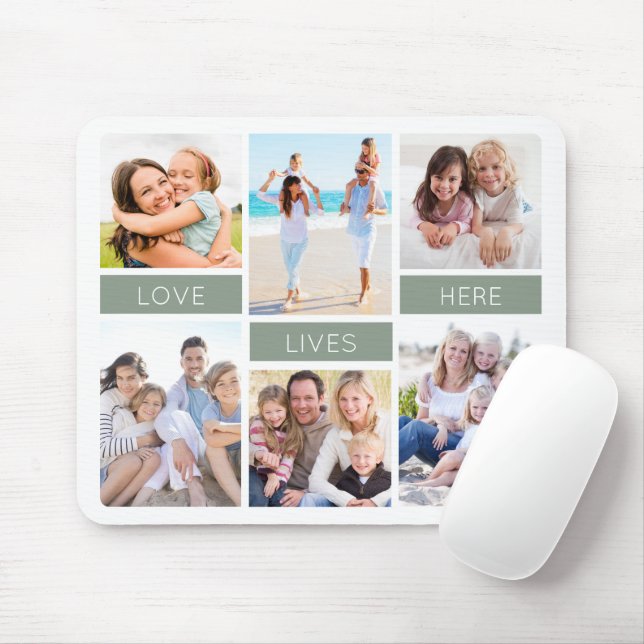 Love Lives Here Sage Green Photo Collage Mouse Mat (With Mouse)