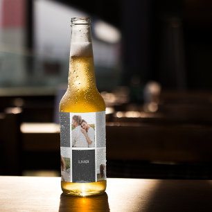 Love Lives Here Three Photo Family Gift Beer Bottle Label