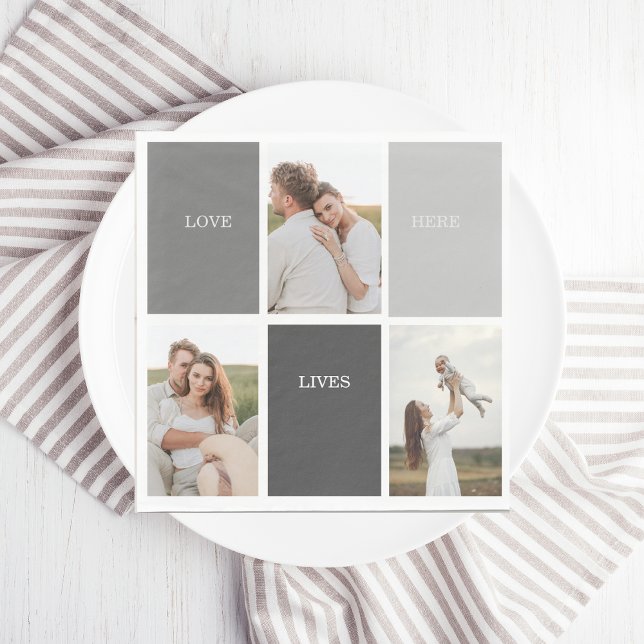 Love Lives Here | Three Photo Family Gift Napkin (Creator Uploaded)