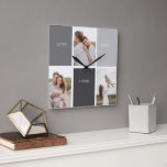Love Lives Here | Three Photo Family Gift Square Wall Clock<br><div class="desc">Presenting a heartwarming and personalized gift that celebrates the essence of family, featuring a beautiful grey frame adorned with a touching "Love Lives Here" quote and three cherished photos. Every time the recipient catches a glimpse of this remarkable gift, their heart will be filled with fond memories and a profound...</div>