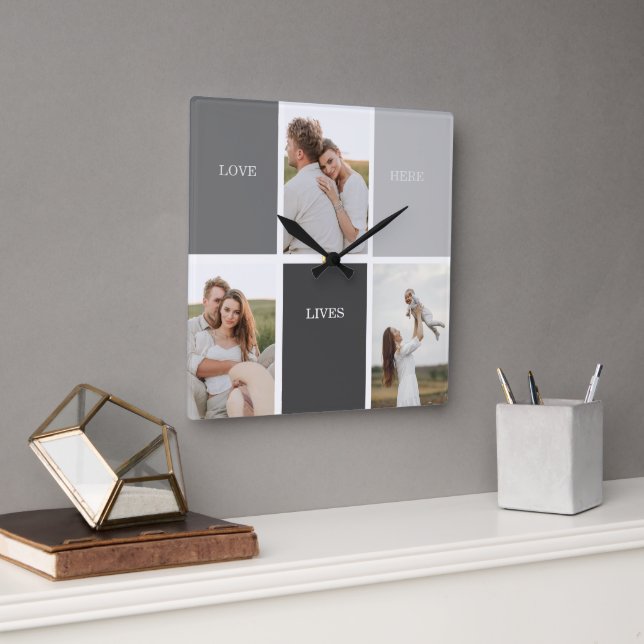 Love Lives Here | Three Photo Family Gift Square Wall Clock (Office)