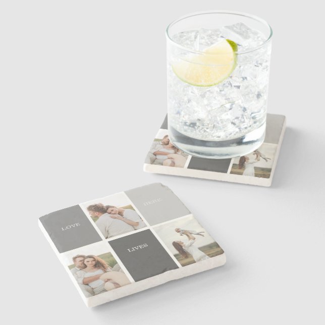 Love Lives Here | Three Photo Family Gift Stone Coaster (Side)