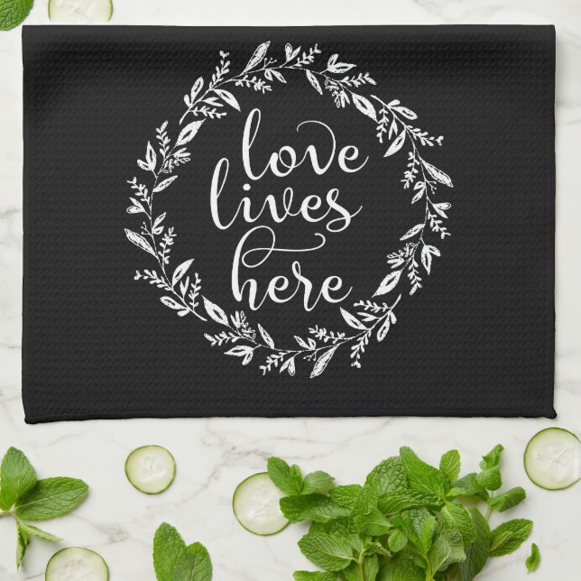 Love Lives Here Wreath Tea Towel (Folded)