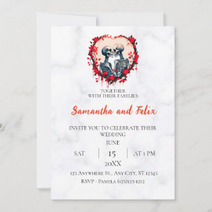 Love Lives Skeleton Rose Heart Marble Wedding Invitation