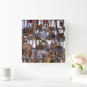 Love Locks and Eiffel Tower. Paris. France. Square Wall Clock