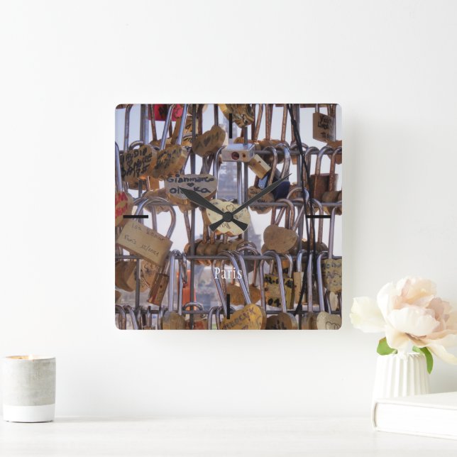 Love Locks and Eiffel Tower. Paris. France.  Square Wall Clock (Home)