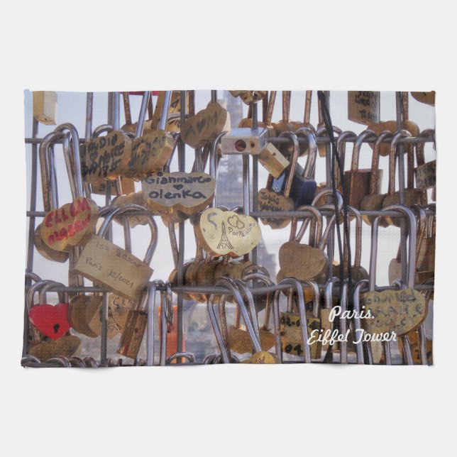 Love Locks and Eiffel Tower. Paris. France.  Tea Towel (Horizontal)
