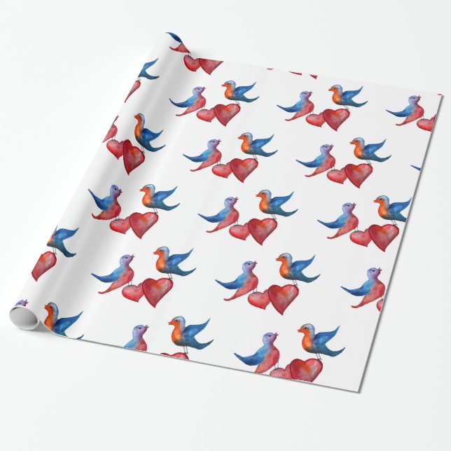 Love , Love Birds, Watercolor Birds Wrapping Paper (Unrolled)