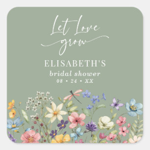 Love Love Grow Sage Green Wildflower Bridal Shower Square Sticker