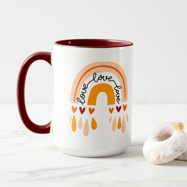 LOVE LOVE LOVE BOHO RAINBOW WITH HEARTS DESIGN MUG (With Donut)