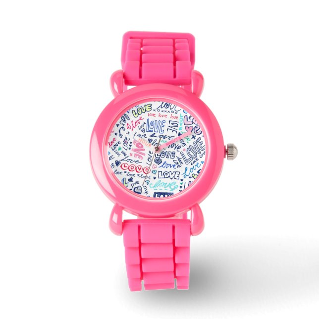 Love Love Love - Cute Girly Pink Glitter Watch (Front)
