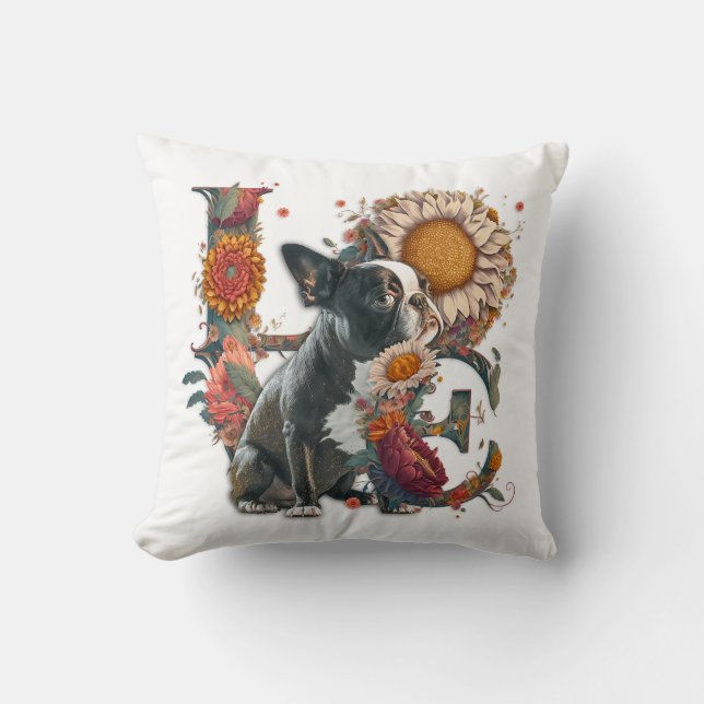 LOVE Made of Boston Terrier Sunflower Wildflower  Cushion (Front)