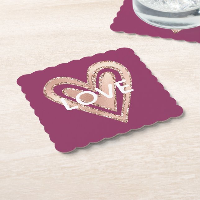 Love Magenta Blush Pink Heart Paper Coaster (Angled)