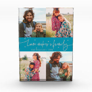 Love Makes a Family Modern Script Aqua Blue Photo Block