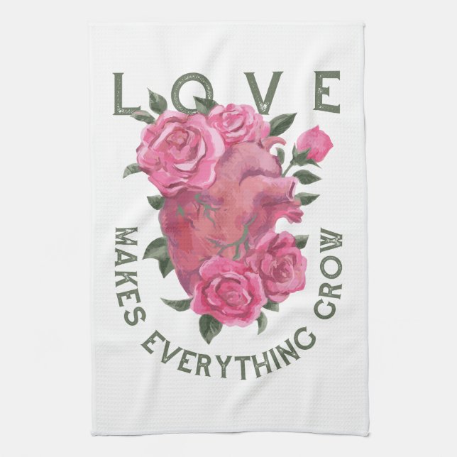 Love Makes Everything Grow – Romantic Floral Art  Tea Towel (Vertical)