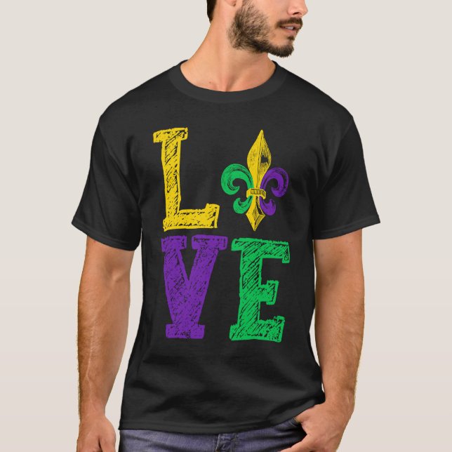 LOVE Mardi Gras Fleur De Lys Mardi Gras Parade New T-Shirt (Front)