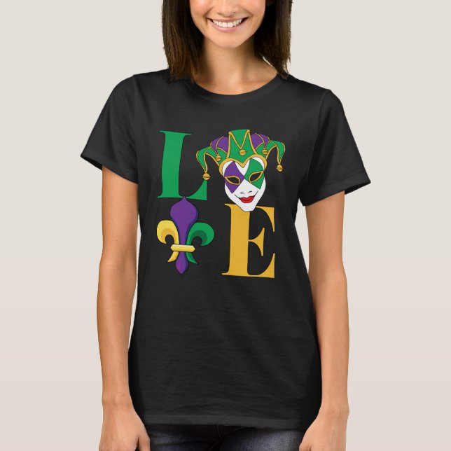 Love Mardi Gras Jester Fleur-de-Lis T-Shirt (Front)