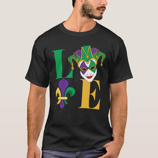 Love Mardi Gras Jester Mask Fleur-de-Lys T-Shirt (Front)