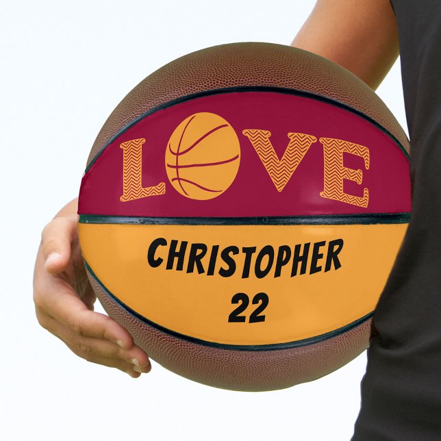 LOVE Maroon Red and Golden Yellow Personalised Basketball (Creator Uploaded)