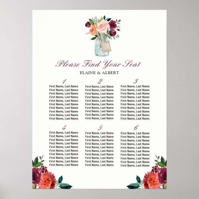 Love Mason Jar 6 Tables Wedding Seating Chart (Front)