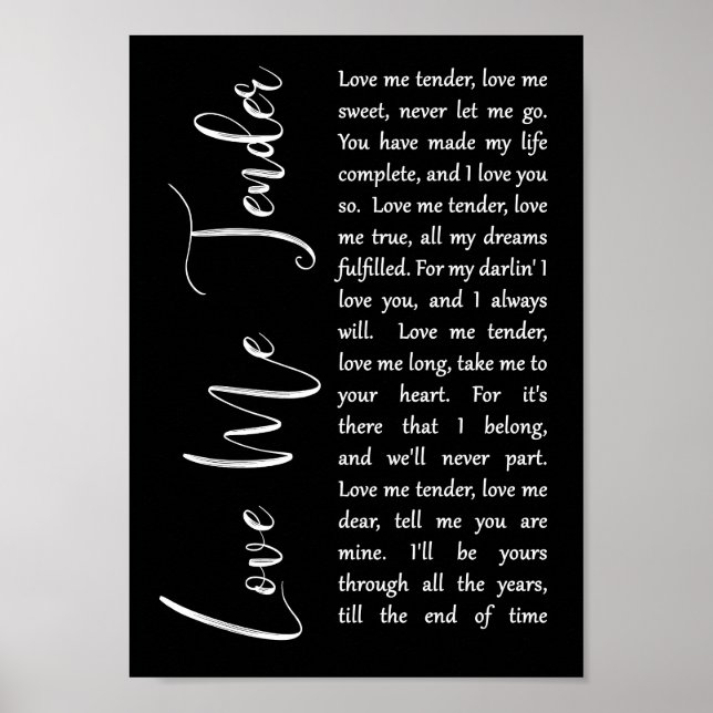 Love Me Tender Black Script Song Lyric Print (Front)