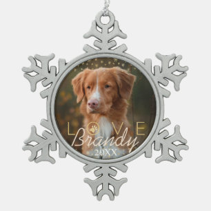 Love & Memories   Holiday Stars Pet Memorial Photo Snowflake Pewter Christmas Ornament