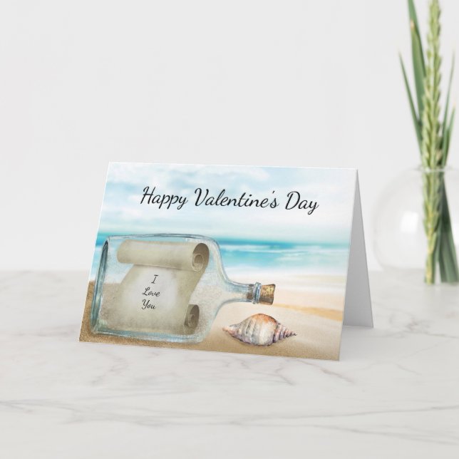 Love Message Bottle Beach Happy Valentine's Day Holiday Card (Front)