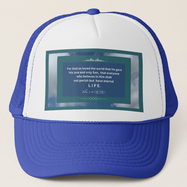 Love Message - John 3-16 - Blue Trucker Hat (Front)