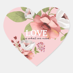 Love Message with Pink Flowers Custom Heart Sticker