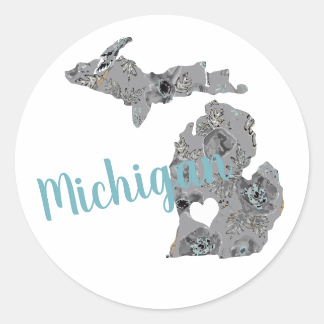 Love Michigan Floral Filled Silhouette Classic Round Sticker (Front)