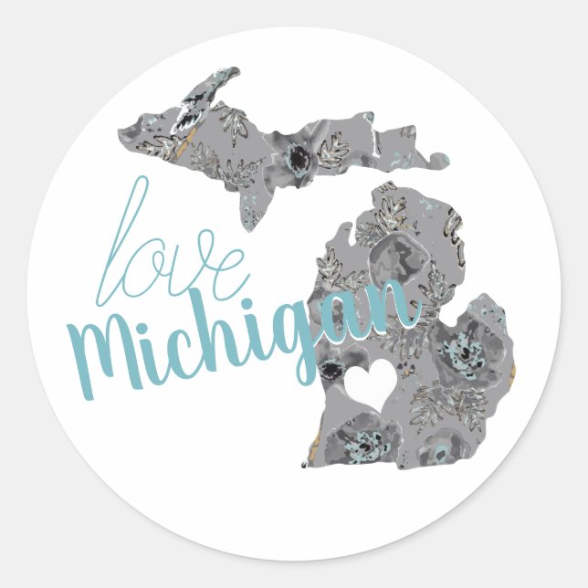 Love Michigan Floral Filled Silhouette Classic Round Sticker (Front)