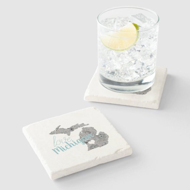 Love Michigan Floral Filled Silhouette Stone Coaster (Side)