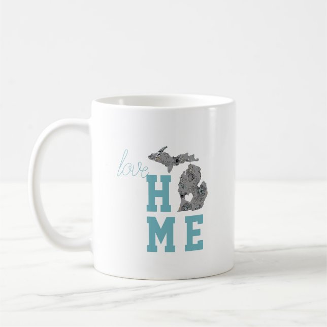 Love Michigan Home With Grey And Blue Poppies Coffee Mug (Left)