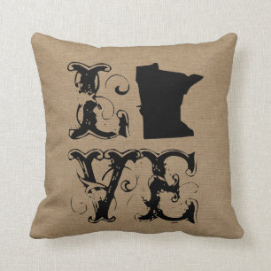 Love Minnesota state rustic chic burlap vintage Cushion