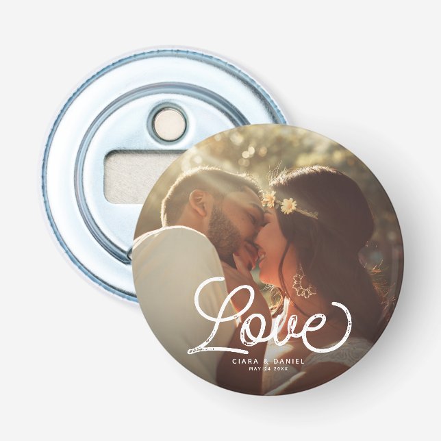 LOVE Modern Calligraphy Simple Photo Wedding Bottle Opener (Front)