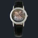 LOVE Modern Calligraphy Simple Photo Wedding Watch<br><div class="desc">Modern wedding keepsake or beautiful custom gift for newlywed bride or Valentine's Day showcasing your favourite engagement photo with modern script calligraphy reading LOVE over your custom names and date over a dark gradient to make the typography stand out.</div>